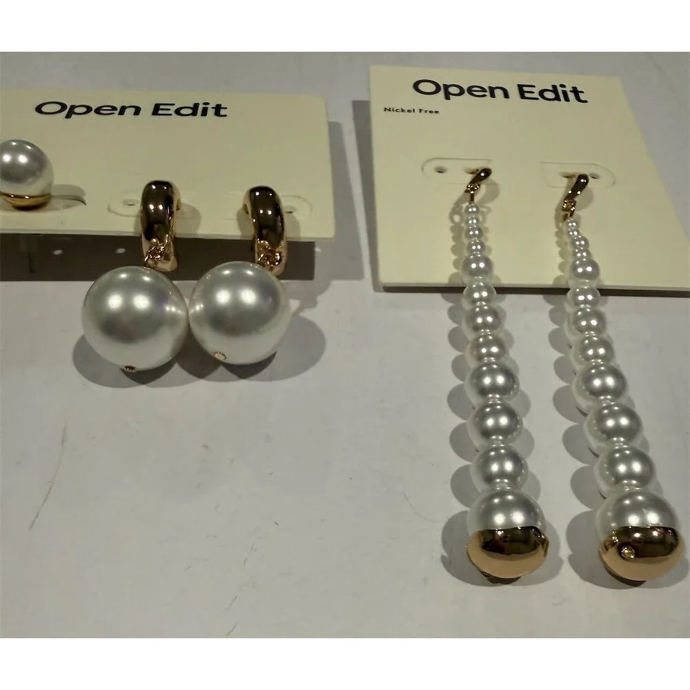Open Edit Pearl Earrings Lot 3 Pairs White Gold Tone Stud & Drop Dangle cute set